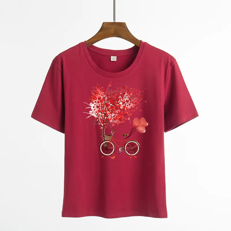 Women Pink Heart Bicycle Print T-Shirt Casual Wear