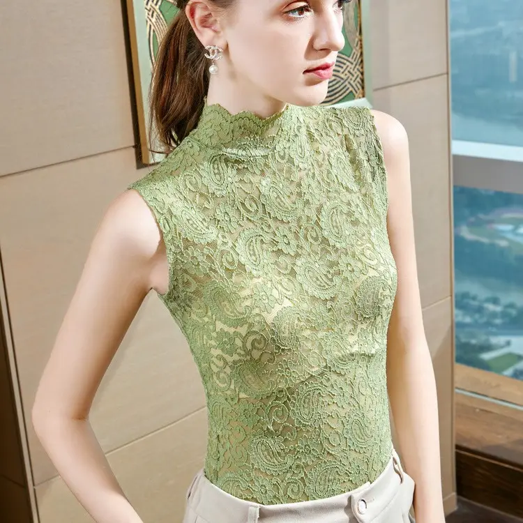 Green Lace Half Turtleneck Slim Fit Women Shirt - Image 7