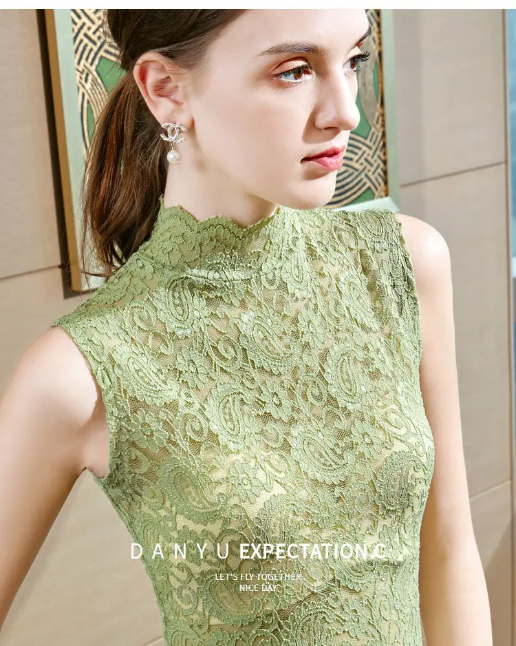 Green Lace Half Turtleneck Slim Fit Women Shirt - Image 4