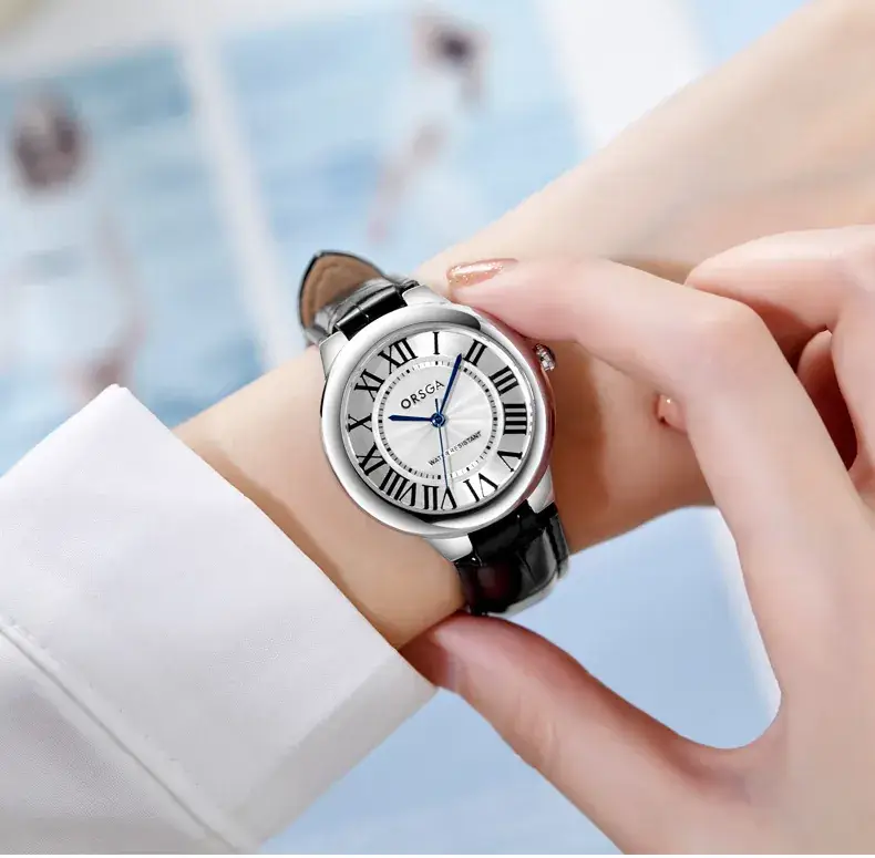 Women's Rome Design Quartz Watch Black Leather Strap — feature 11