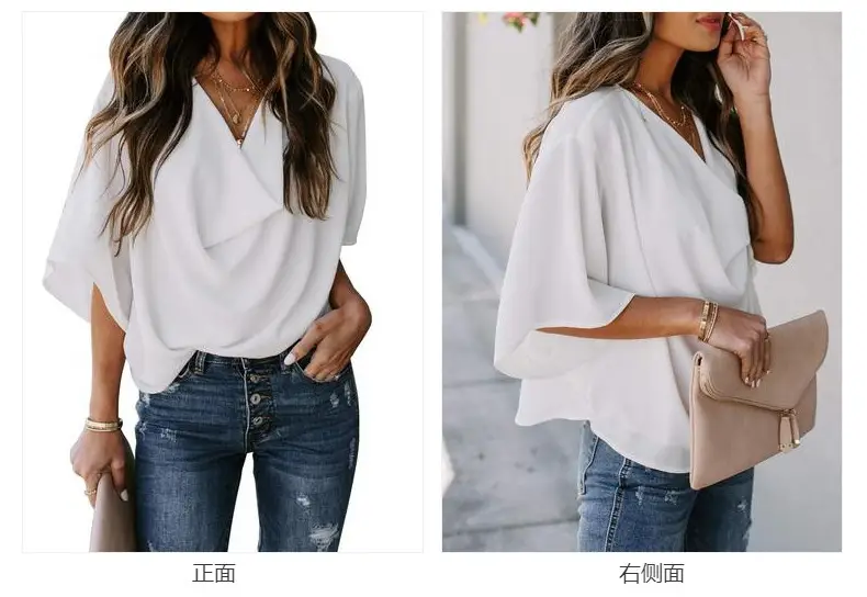 Women Chiffon V-Neck T-Shirt White Loose Fit Casual Top — feature 65
