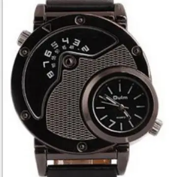 Men's Black Quartz Double Time Zone Watch with Leather Strap - Image 12