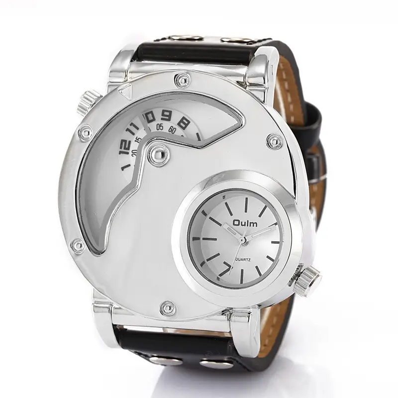 Men's Black Quartz Double Time Zone Watch with Leather Strap - Image 13