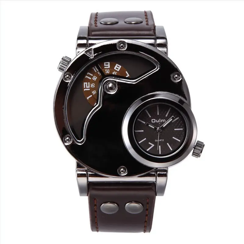Men's Black Quartz Double Time Zone Watch with Leather Strap - Image 14
