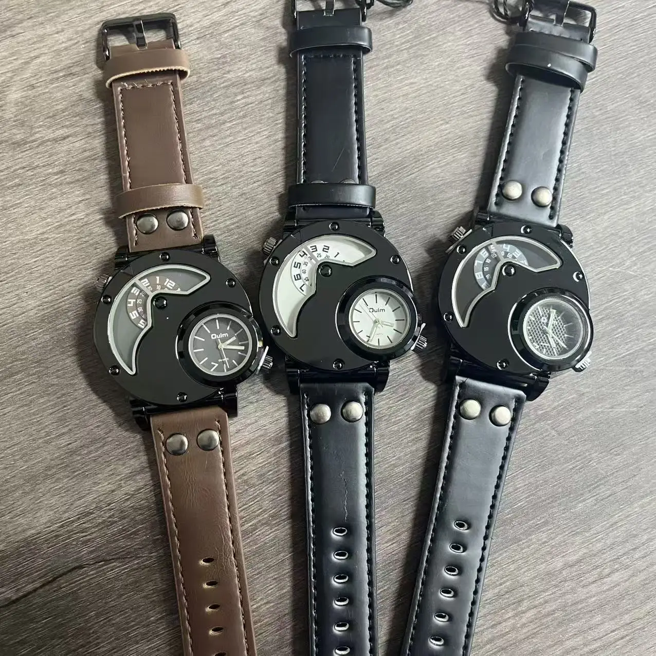 Men's Black Quartz Double Time Zone Watch with Leather Strap — feature 1