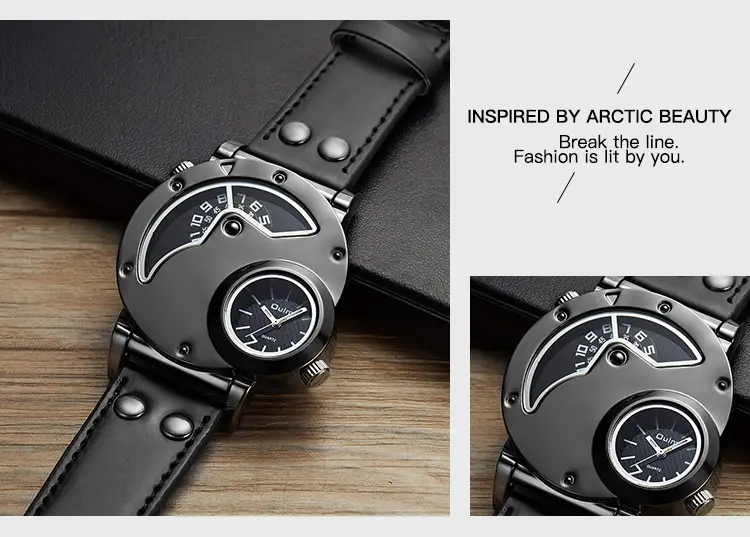 Men's Black Quartz Double Time Zone Watch with Leather Strap — feature 10