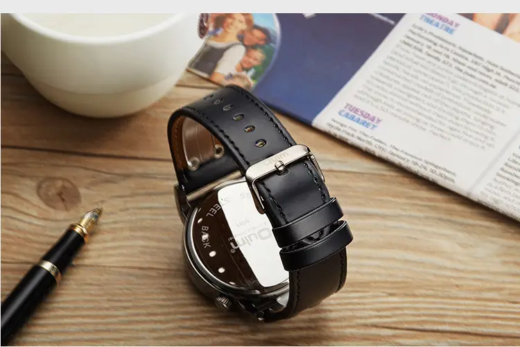 Men's Black Quartz Double Time Zone Watch with Leather Strap — feature 11