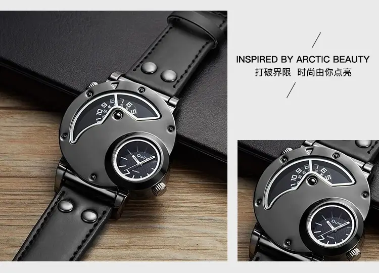 Men's Black Quartz Double Time Zone Watch with Leather Strap — feature 18