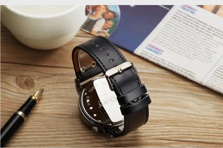 Men's Black Quartz Double Time Zone Watch with Leather Strap — feature 19