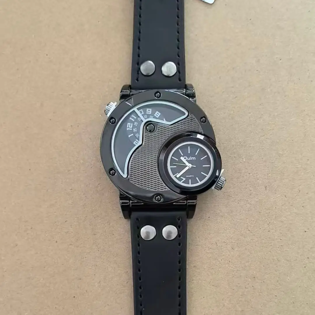 Men's Black Quartz Double Time Zone Watch with Leather Strap — feature 2