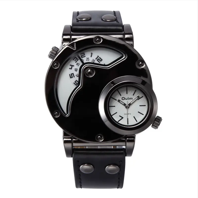 Men's Black Quartz Double Time Zone Watch with Leather Strap — feature 28
