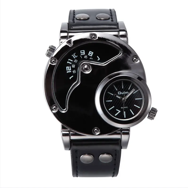 Men's Black Quartz Double Time Zone Watch with Leather Strap — feature 29
