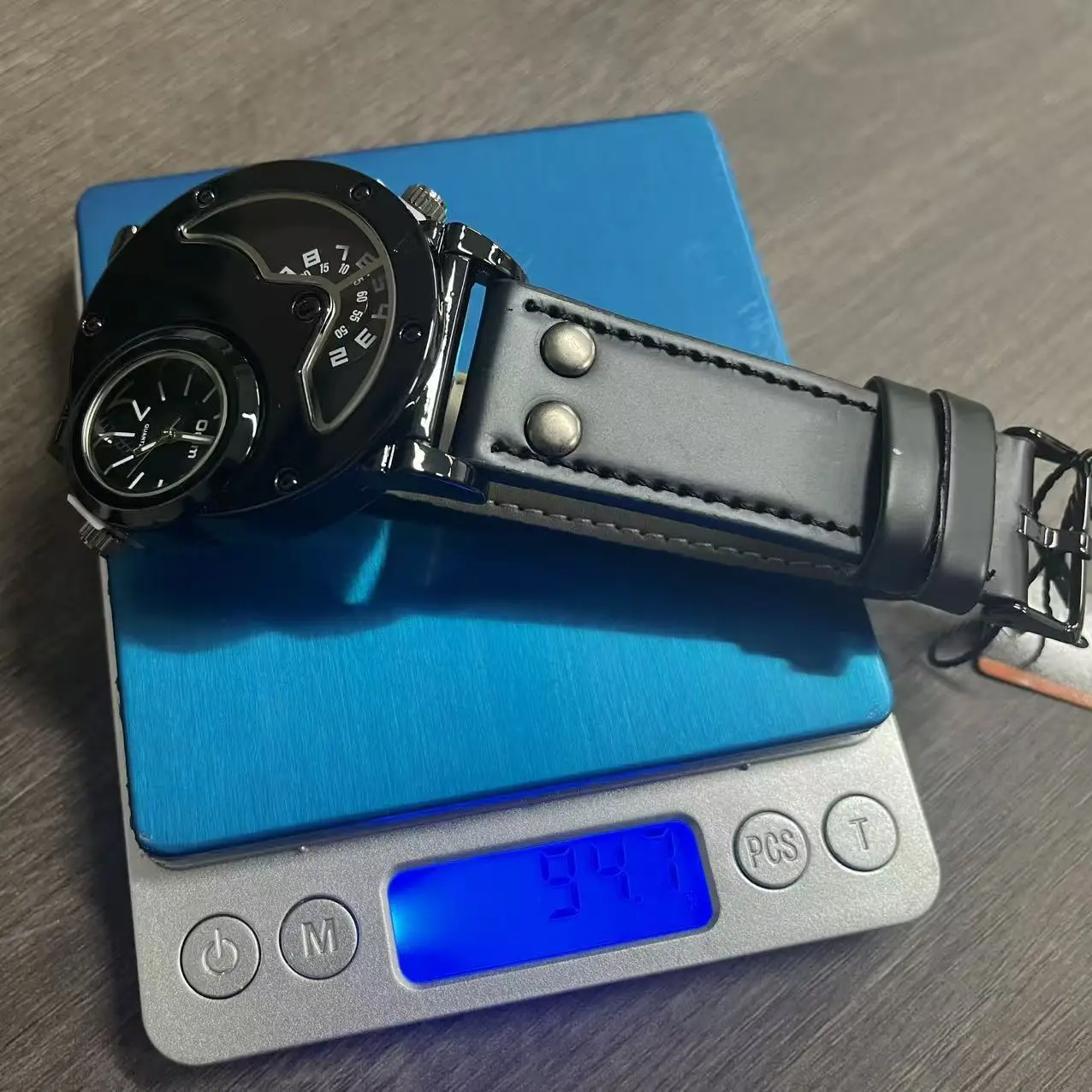 Men's Black Quartz Double Time Zone Watch with Leather Strap — feature 3