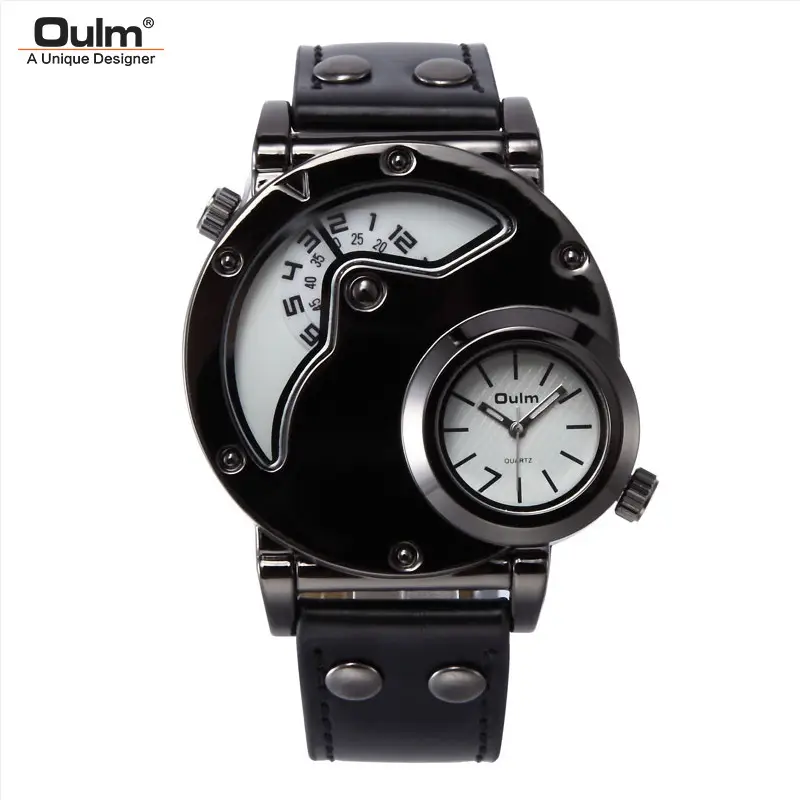 Men's Black Quartz Double Time Zone Watch with Leather Strap — feature 30