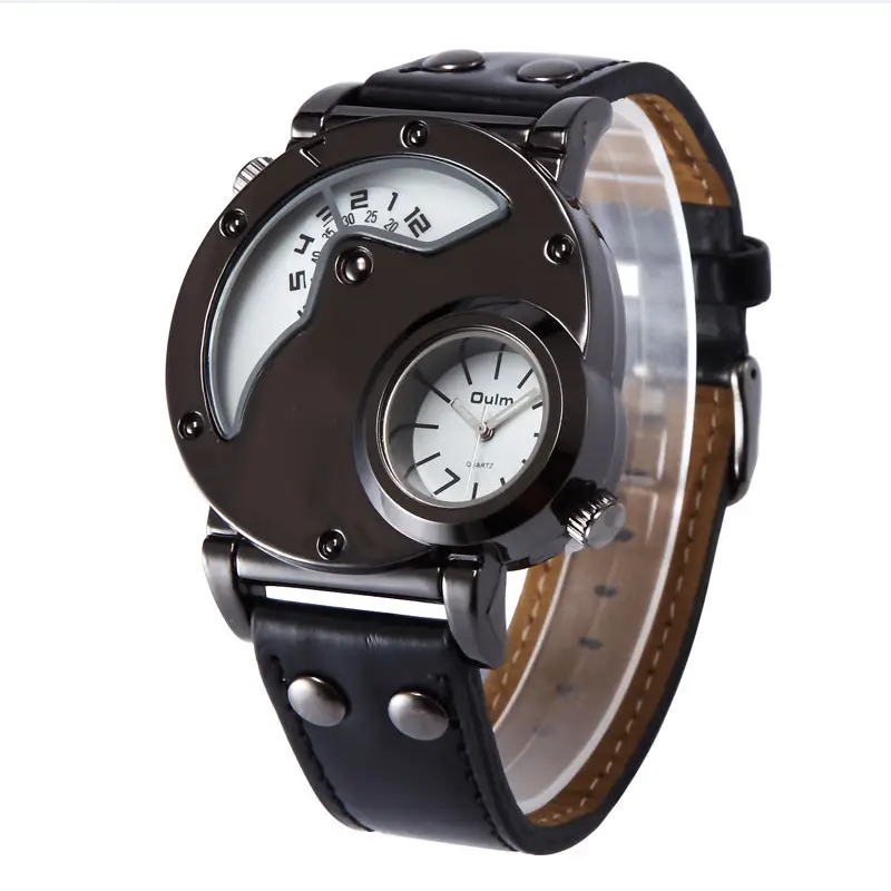 Men's Black Quartz Double Time Zone Watch with Leather Strap — feature 31