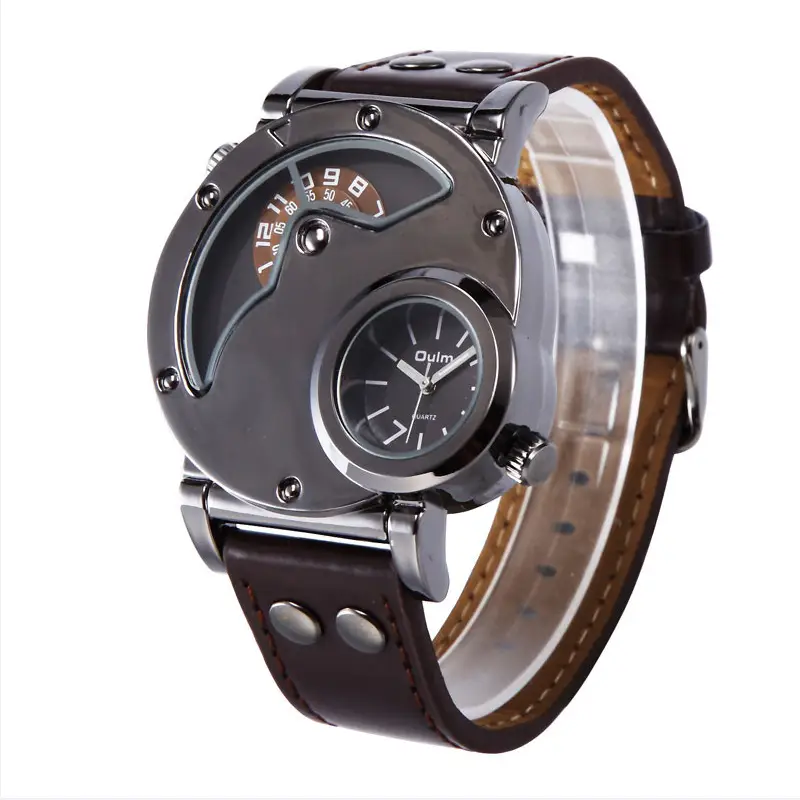 Men's Black Quartz Double Time Zone Watch with Leather Strap — feature 33