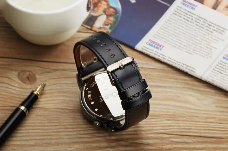 Men's Black Quartz Double Time Zone Watch with Leather Strap — feature 34