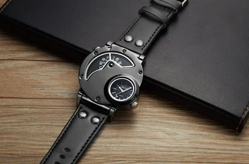 Men's Black Quartz Double Time Zone Watch with Leather Strap — feature 35
