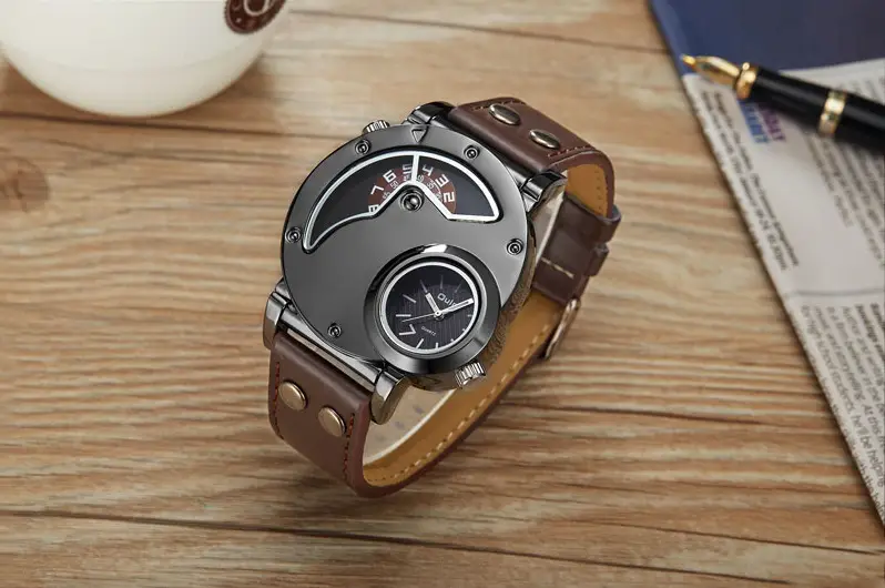 Men's Black Quartz Double Time Zone Watch with Leather Strap — feature 36