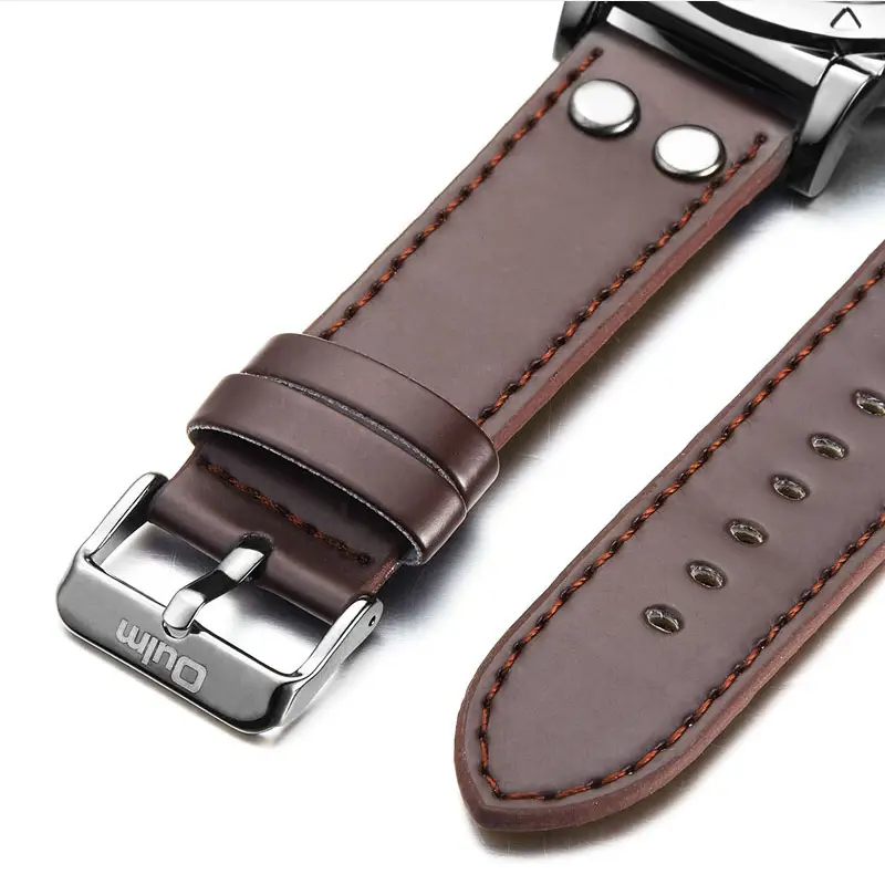Men's Black Quartz Double Time Zone Watch with Leather Strap — feature 37