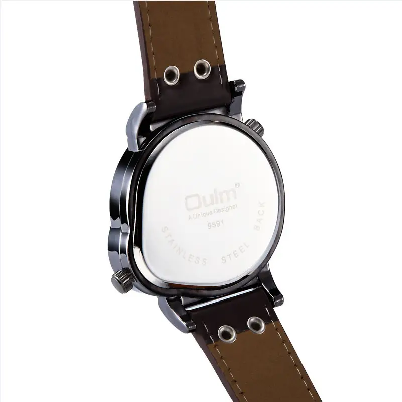 Men's Black Quartz Double Time Zone Watch with Leather Strap — feature 38