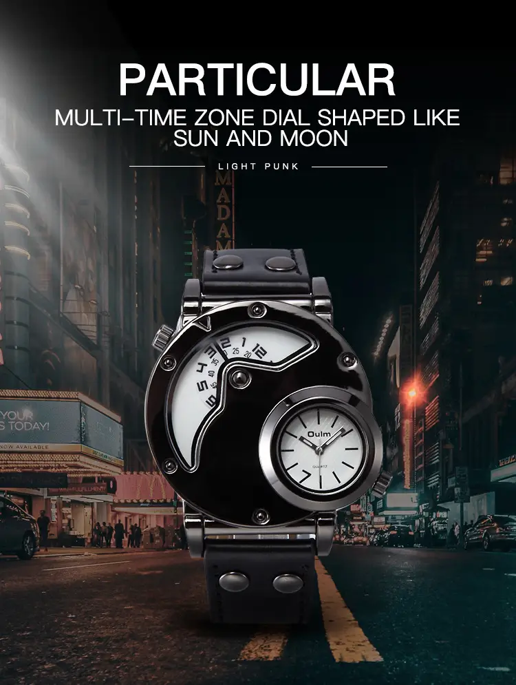 Men's Black Quartz Double Time Zone Watch with Leather Strap — feature 4
