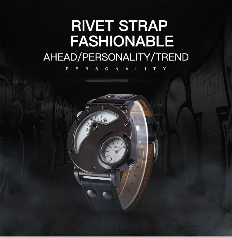 Men's Black Quartz Double Time Zone Watch with Leather Strap — feature 5