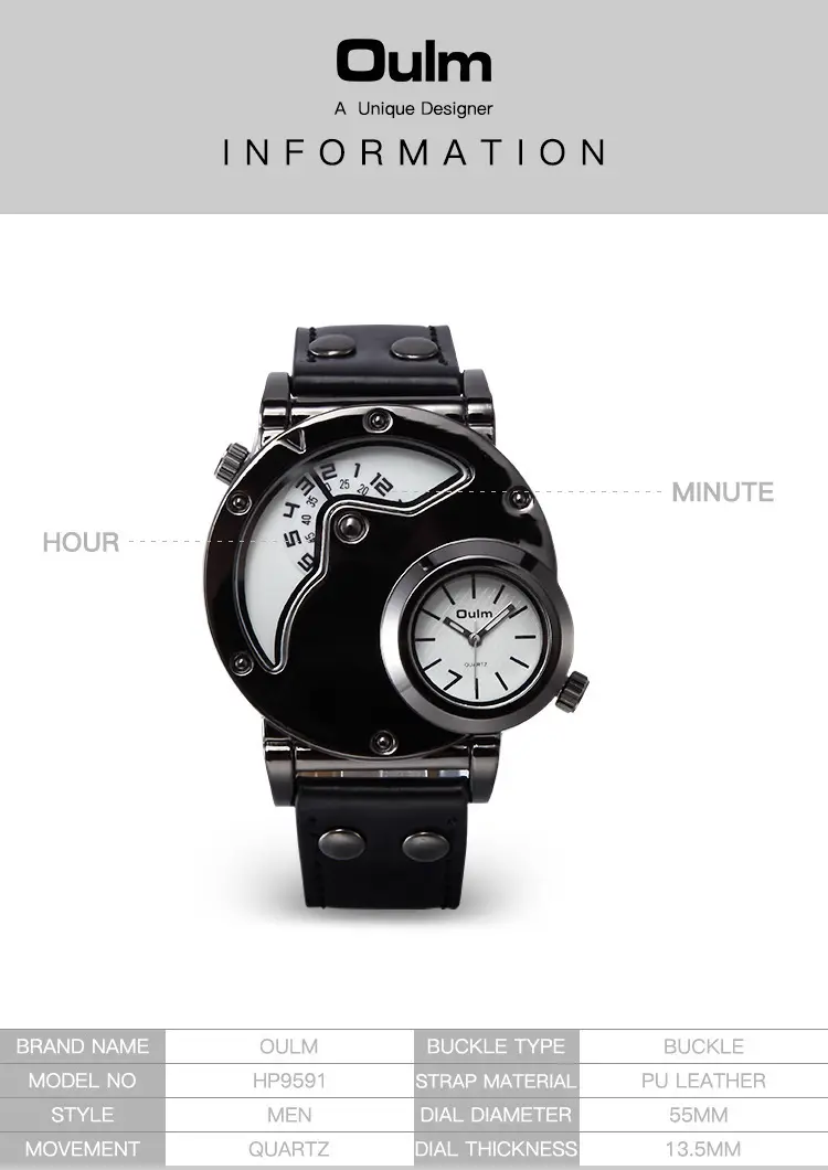 Men's Black Quartz Double Time Zone Watch with Leather Strap — feature 6