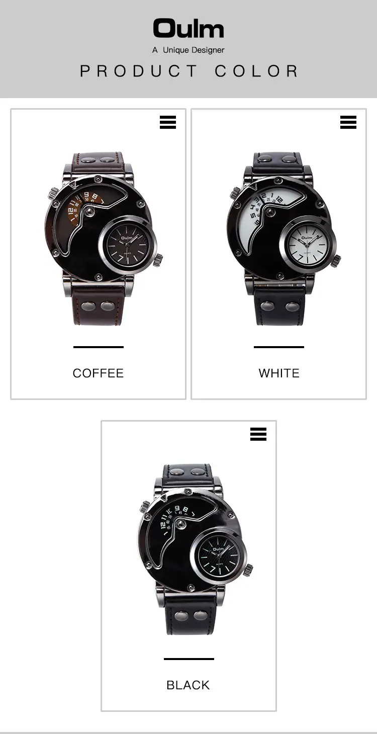 Men's Black Quartz Double Time Zone Watch with Leather Strap — feature 7