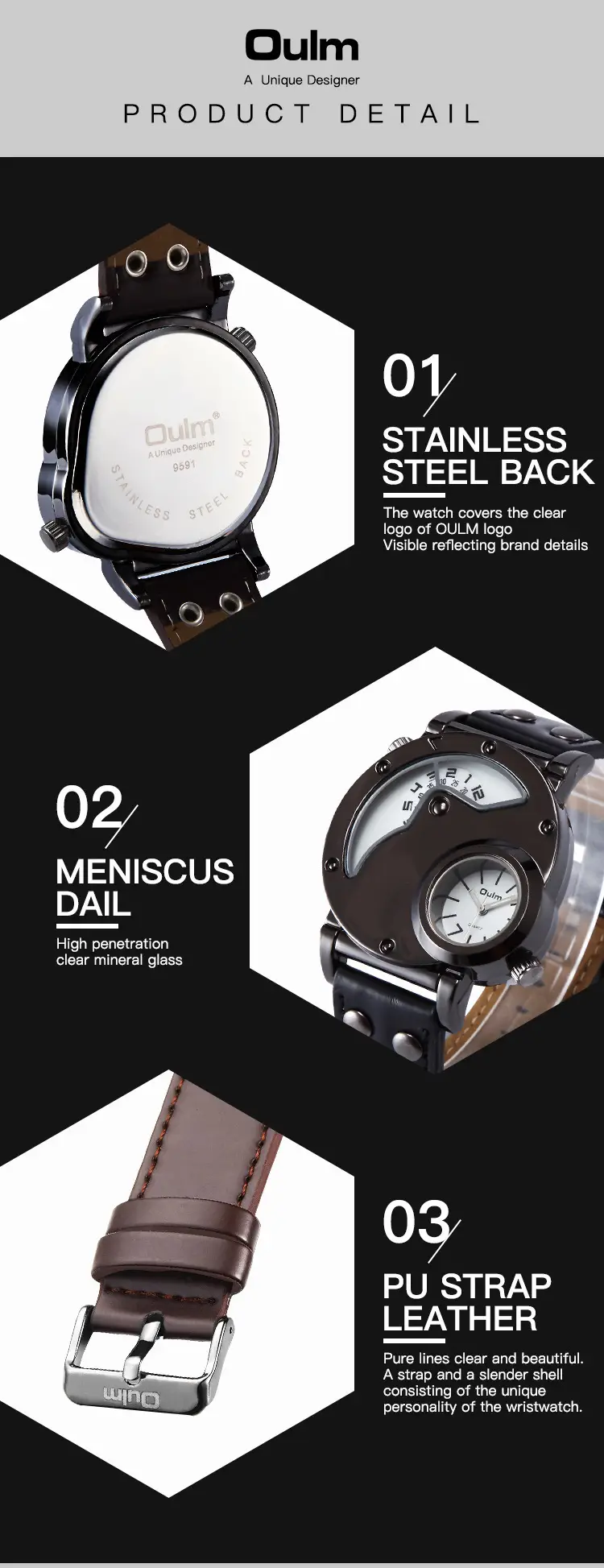 Men's Black Quartz Double Time Zone Watch with Leather Strap — feature 8