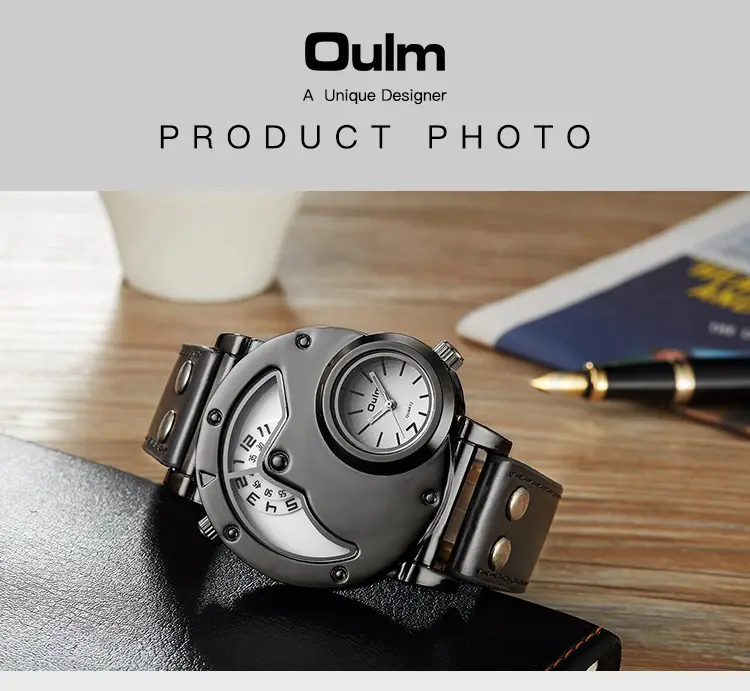 Men's Black Quartz Double Time Zone Watch with Leather Strap — feature 9