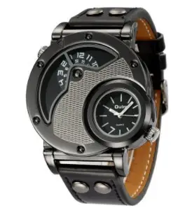 Men's Black Quartz Double Time Zone Watch with Leather Strap - Image 10