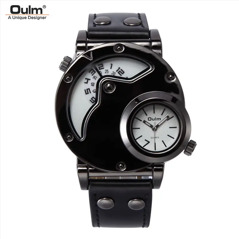 Men's Black Quartz Double Time Zone Watch with Leather Strap - Image 2