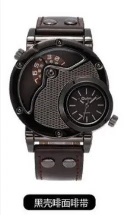 Men's Black Quartz Double Time Zone Watch with Leather Strap - Image 4