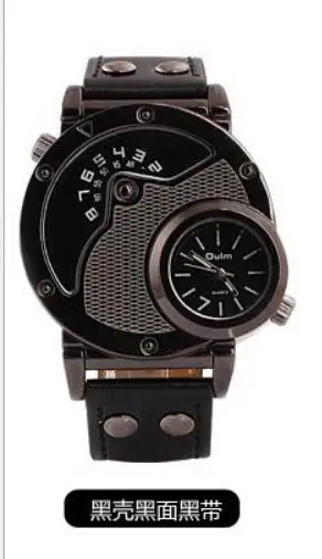 Men's Black Quartz Double Time Zone Watch with Leather Strap - Image 5