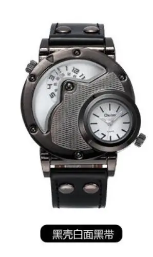 Men's Black Quartz Double Time Zone Watch with Leather Strap - Image 6