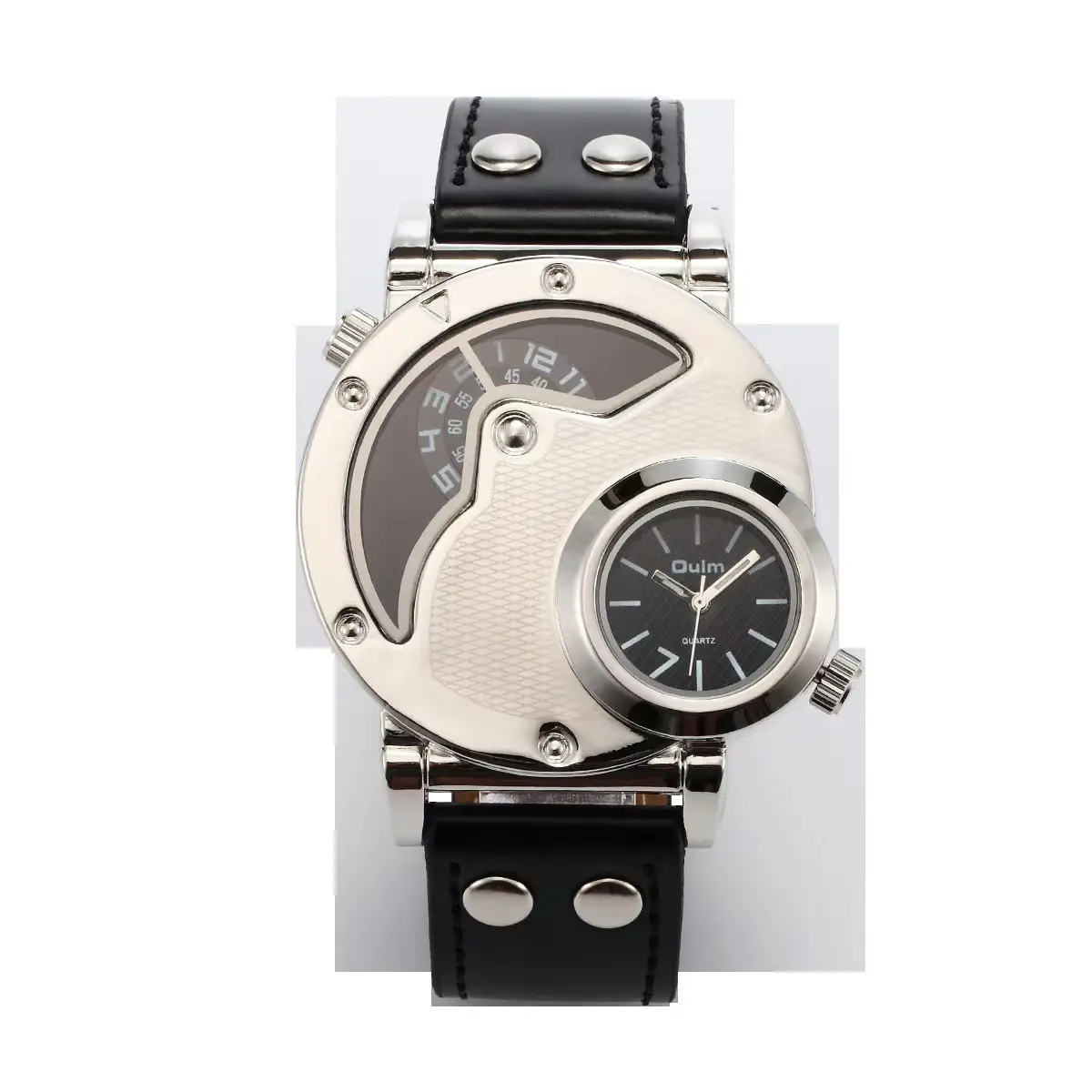 Men's Black Quartz Double Time Zone Watch with Leather Strap - Image 7