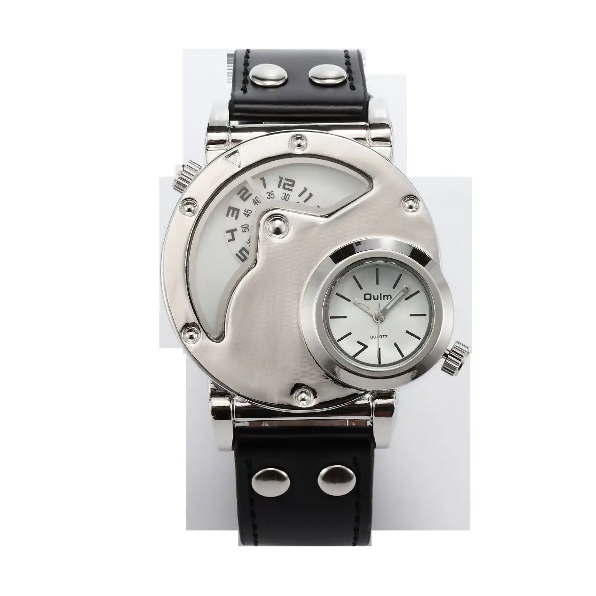 Men's Black Quartz Double Time Zone Watch with Leather Strap - Image 9