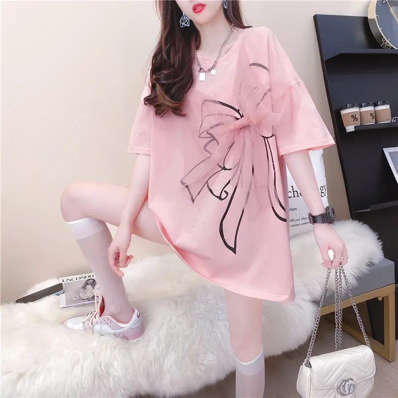 Women Loose Mesh Gauze T-Shirt White Black Bow