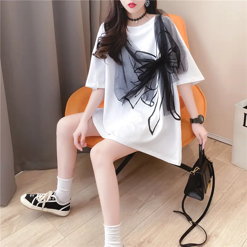 Women Loose Mesh Gauze T-Shirt White Black Bow