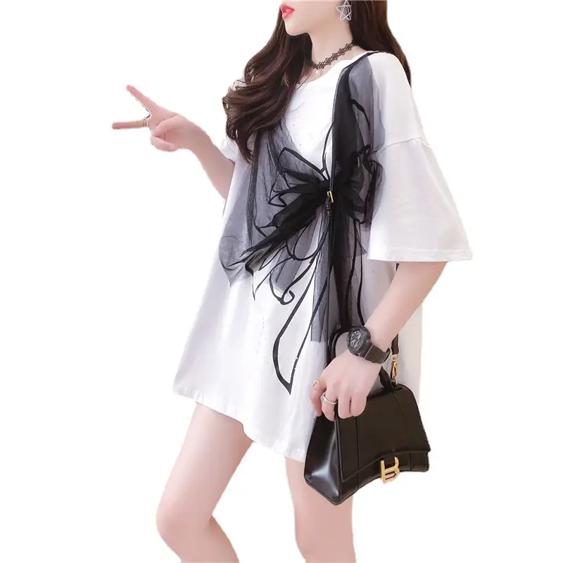 Women Loose Mesh Gauze T-Shirt White Black Bow