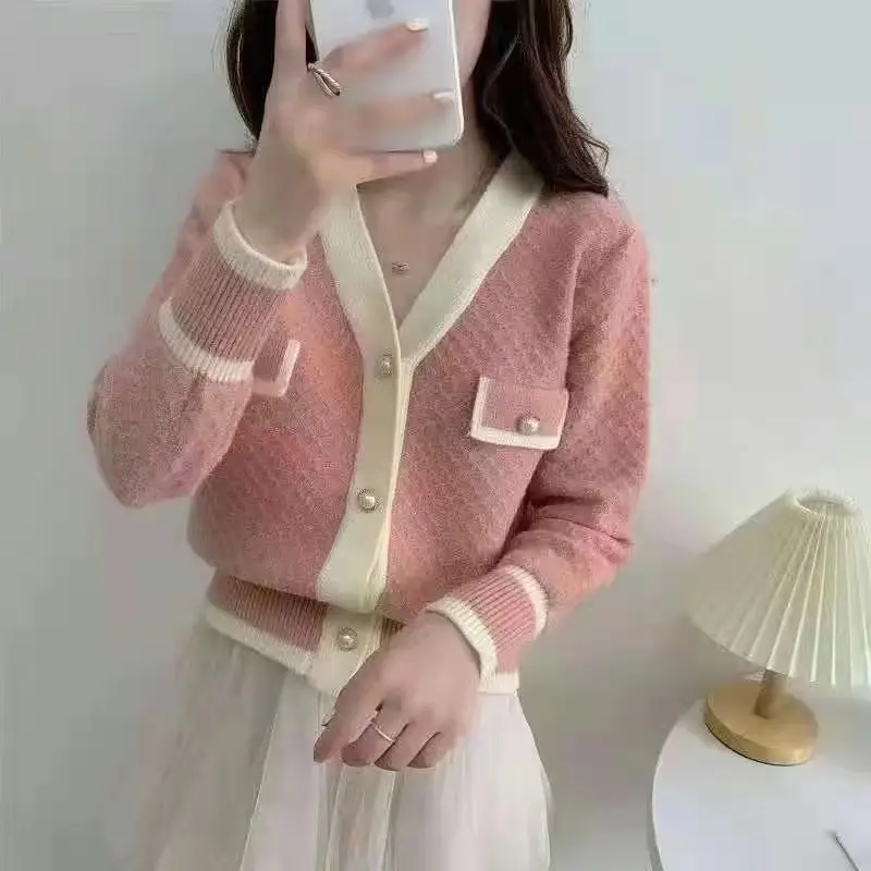 French Retro Knitted Cardigan Jacket Women Black White V-Neck - Image 8