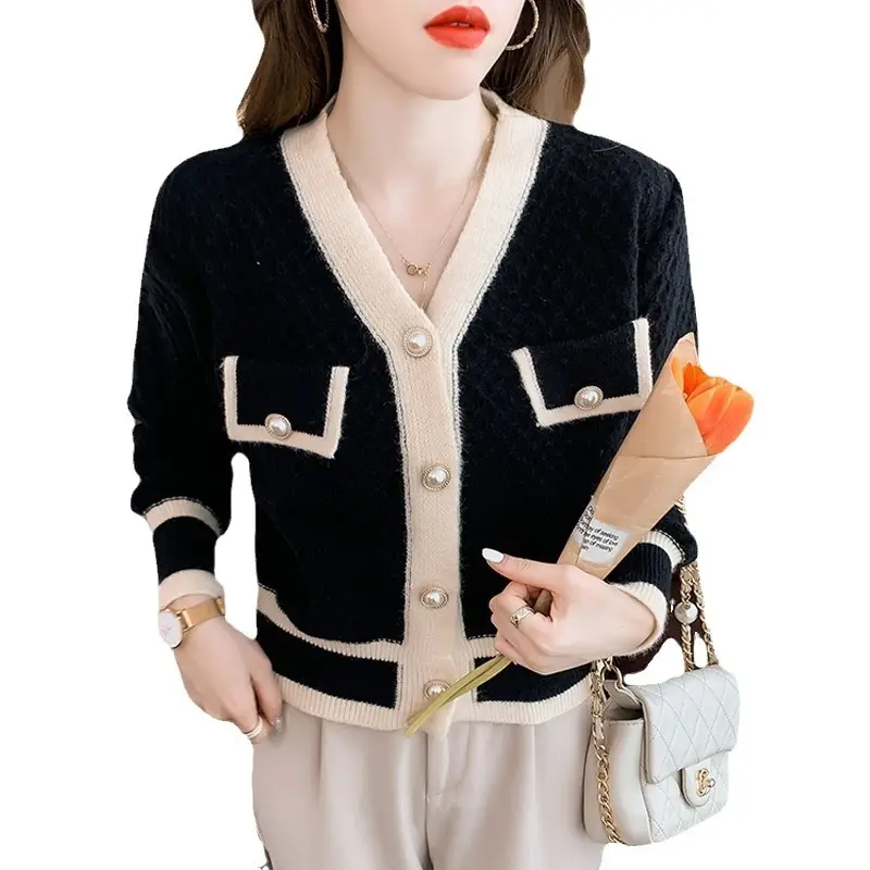 French Retro Knitted Cardigan Jacket Women Black White V-Neck - Image 9