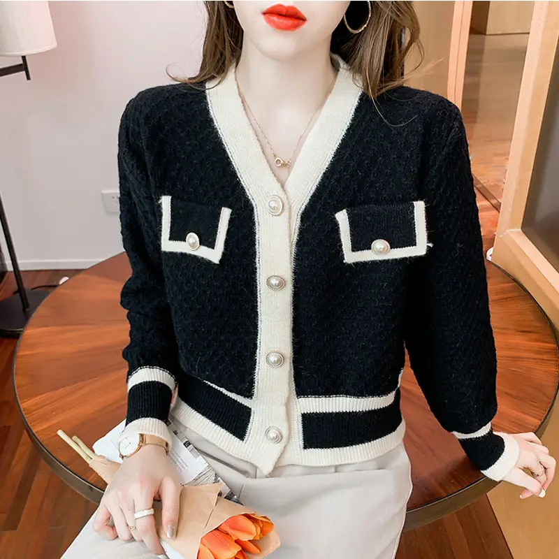 French Retro Knitted Cardigan Jacket Women Black White V-Neck - Image 4