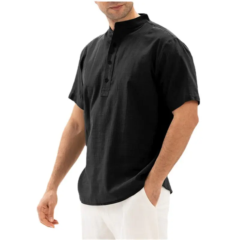 Men's 2022 Summer Cotton Pullover Shirt Light Blue - Image 9