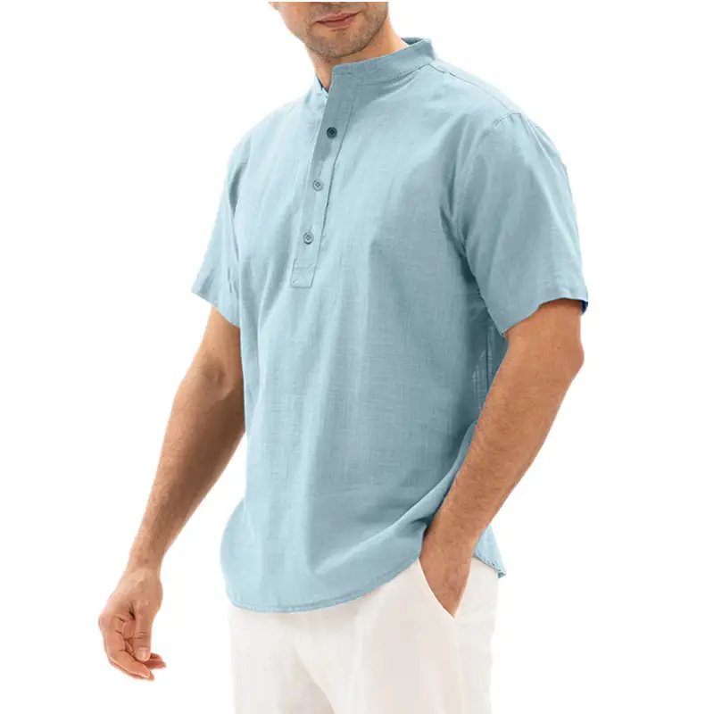 Men's 2022 Summer Cotton Pullover Shirt Light Blue - Image 2