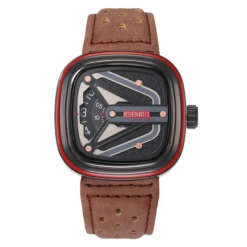 KasniR Men's Brown Leather Watch with Digital Display - Image 4