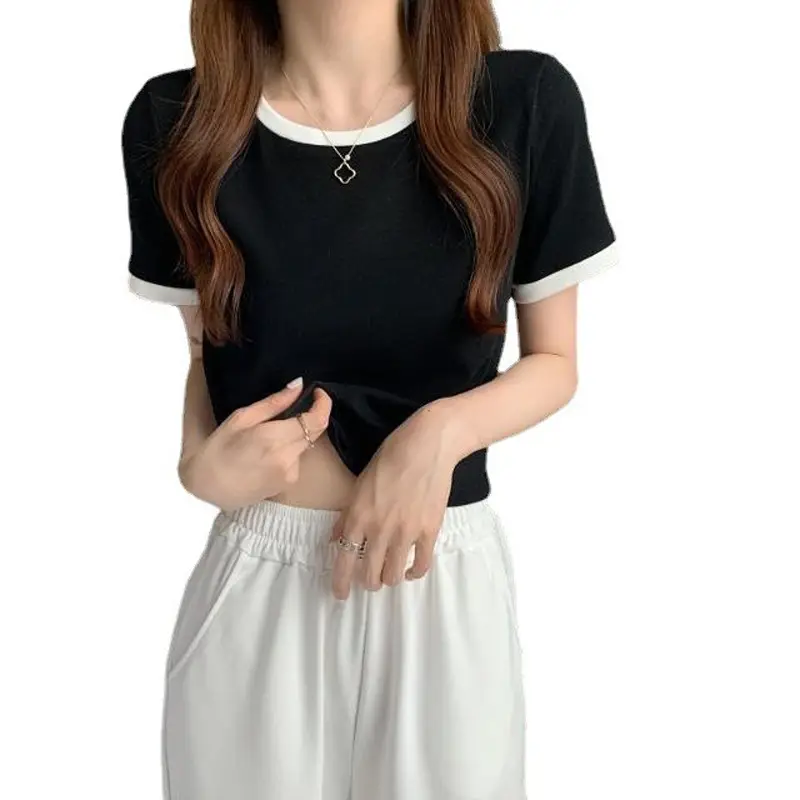2022 Summer Korean Slim Fit Pink Crewneck T-Shirt - Image 10