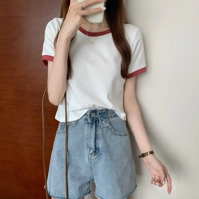 2022 Summer Korean Slim Fit Pink Crewneck T-Shirt — feature 18