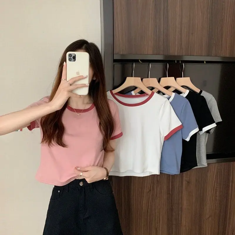 2022 Summer Korean Slim Fit Pink Crewneck T-Shirt — feature 2